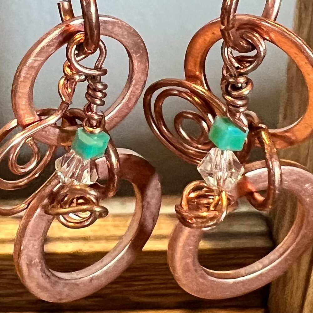 Solid Copper Earrings with Aqua Green and Crystal Bead NWT Megan Joy Chapman